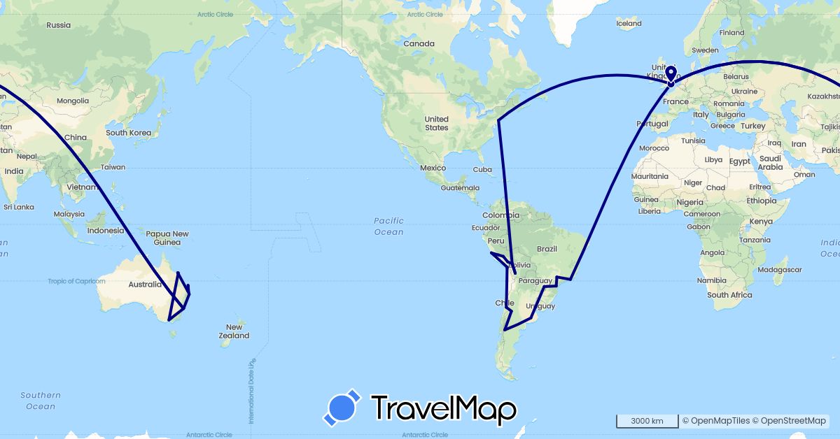 TravelMap itinerary: driving in Argentina, Australia, Bolivia, Brazil, Chile, United Kingdom, Peru, United States (Europe, North America, Oceania, South America)